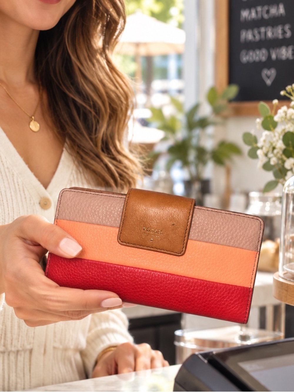 Fossil Colorblock Leather Tab Clutch Zip Wallet Red Coral Pink Tan Coastal ID